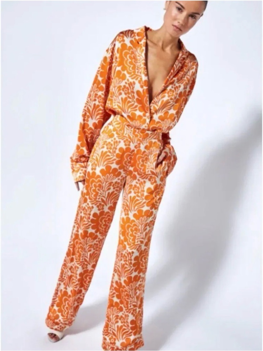 Alexis Ludovica Orange Floral Wide Leg Pants in Tangerine